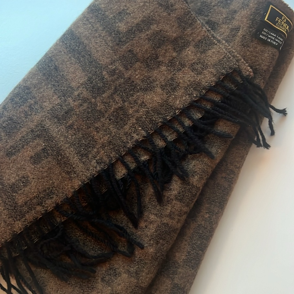 FENDI Wool Scarf Brown Black with F F lettering 60”x14”